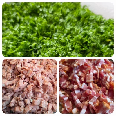 Petersilie, gerauchte Schinkenwurst und Speck